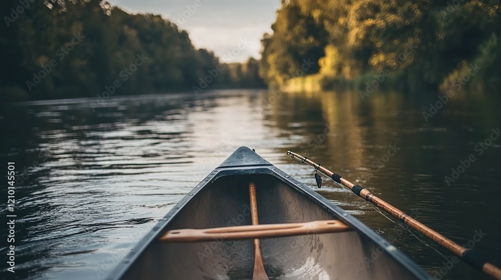 A canoe on a wide, peaceful river, with a fishing rod resting against the side, ready for an adventure. A canoe on a wide, peaceful river, with a fishing rod resting against the side, ready for an adventure.