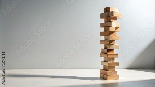 A precariously balanced tower of wooden blocks against a light gray background, symbolizing risk, strategy, and the potential for collapse or success