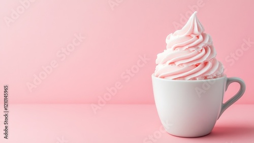 Pink vanilla soft serve ice cream in white mug against pink background