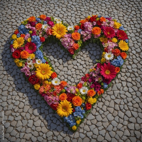 A giant heart-shaped mosaic made of colorful flowers, with 