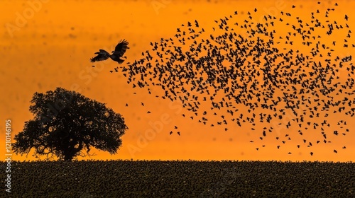 Sunset flock birds dispersal tree field