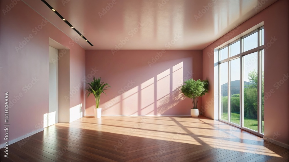 Fototapeta premium Sunlit Empty Room with Blush Walls and Hardwood Floors