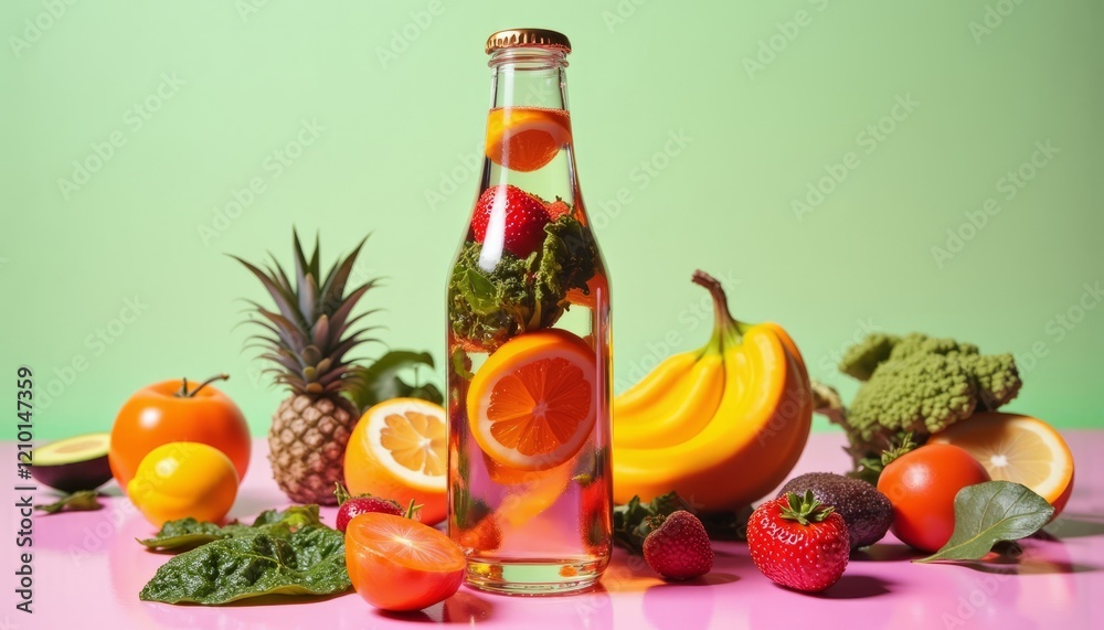 Fresh vegetables and fruit arrangement with juice bottle in outdoor setting Fresh vegetables and fruit arrangement with juice bottle in outdoor setting