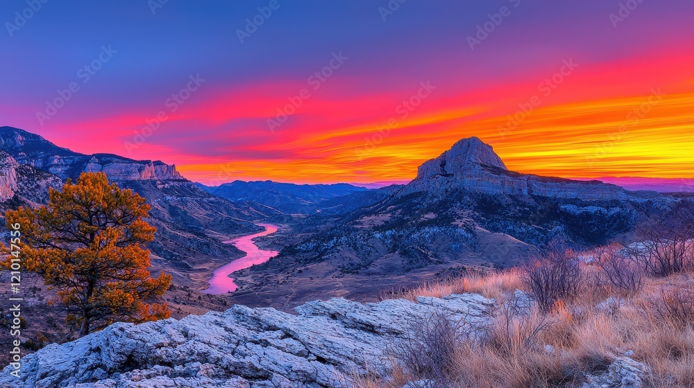Obraz premium Flowing river carving through a rugged canyon landscape at sunset nature photography scenic environment panoramic view