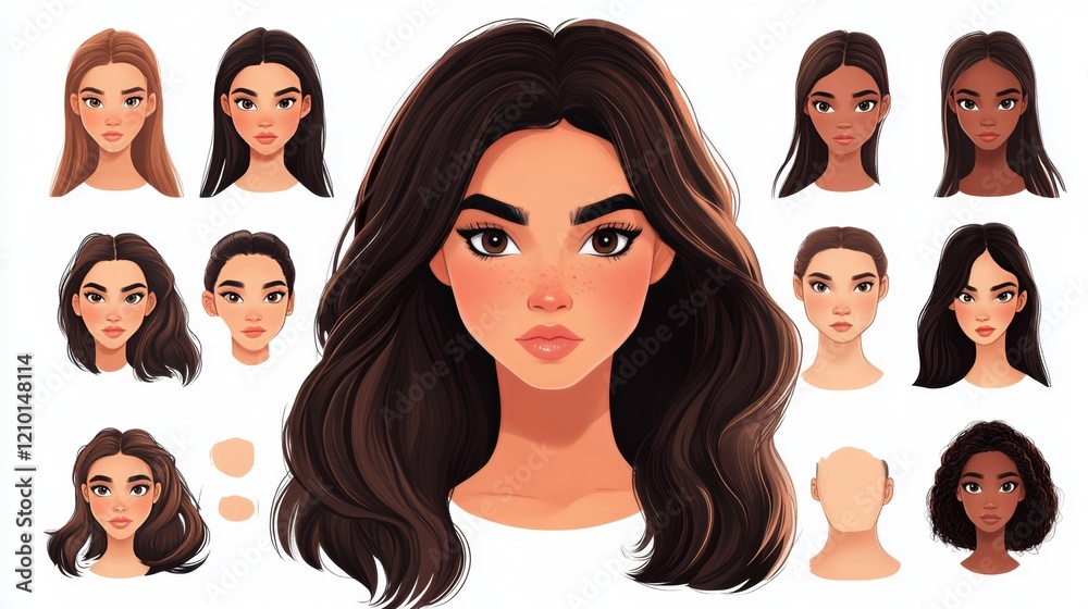 Woman face constructor, avatar of african american female character creation dark skin heads, hairstyle, nose, eyes with eyebrows and lips. Isolated facial elements for construction cartoon vector set Woman face constructor, avatar of african american female character creation dark skin heads, hairstyle, nose, eyes with eyebrows and lips. Isolated facial elements for construction cartoon vector set