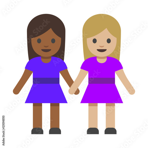 Cartoon Illustration of Two Girls Holding Hands in Dresses Isolated on White Background, Clipart