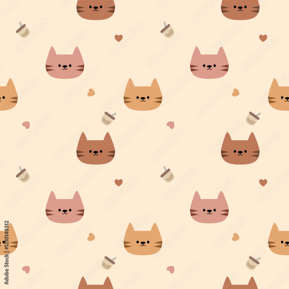 Obraz premium Face cat cartoon so cute. On drinks heart background. Pattern seamless vector illustration. 