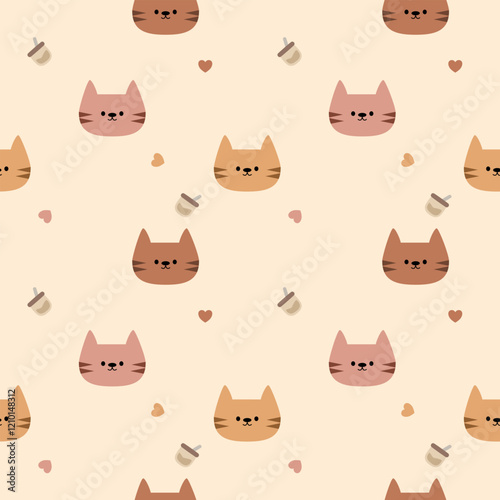 Face cat cartoon so cute. On drinks heart background. Pattern seamless vector illustration. 