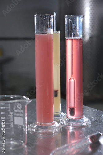 Wine production. Wine wort. Measuring level of acidity and sugar content in wine wort. Preparation of wine mass. photo