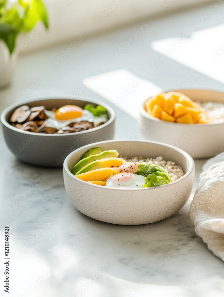 Delightful breakfast bowls with quinoa, oatmeal, and rice on a sunny countertop Delightful breakfast bowls with quinoa, oatmeal, and rice on a sunny countertop