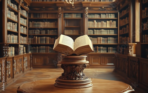 Classic library scene with a beige book resting on a pedestal, surrounded by antique shelves, invoking a feeling of discovery and mystery, generative AI rendering