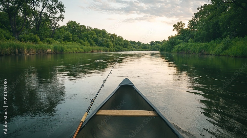 A canoe on a wide, peaceful river, with a fishing rod resting against the side, ready for an adventure. A canoe on a wide, peaceful river, with a fishing rod resting against the side, ready for an adventure.