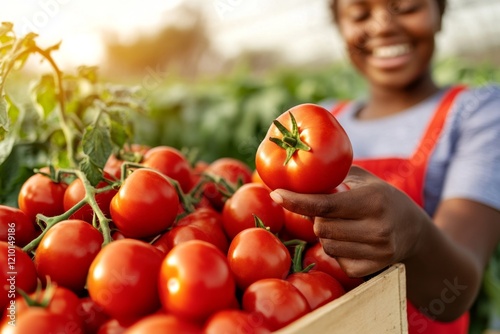 A team of farmworkers gathering ripe tomatoes from sprawling vines in a sunlit greenhouse