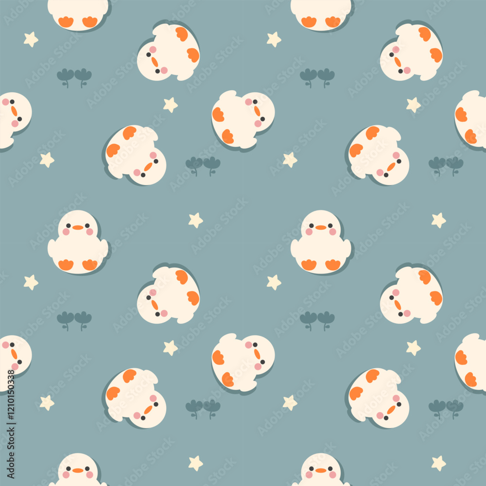 Fototapeta premium Baby duck cartoon so cute. On flower star background. Pattern seamless vector illustration. 