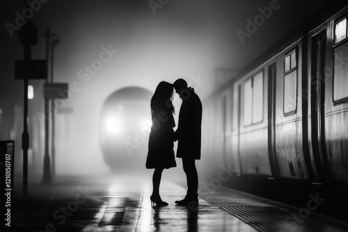 A couple holding hands during a goodbye at a train station, with a train in the background departing into the fog