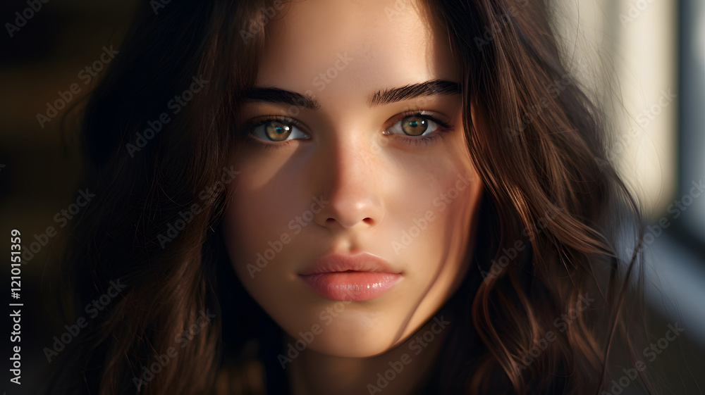Serene Portrait of a Woman with Long Brown Hair Serene Portrait of a Woman with Long Brown Hair