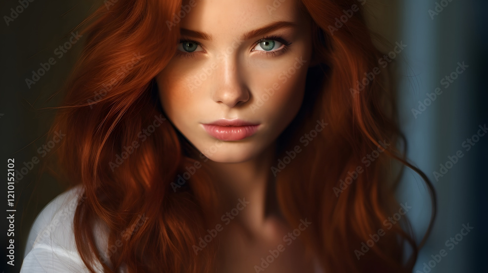 Fototapeta premium Serene Redhead with Long Wavy Hair