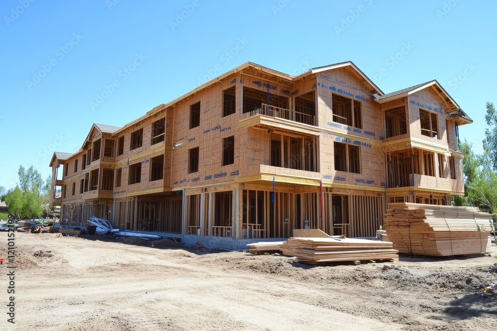 Apartment building under construction on a sunny day, Generative AI Apartment building under construction on a sunny day, Generative AI