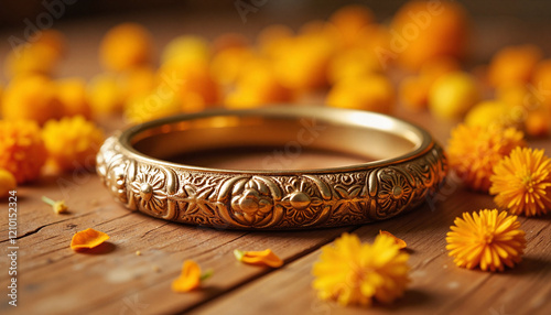 Intricately carved kada bangle with marigold flowers, cultural elegance, Indian Traditional Jewelry, Raksha Bandhan photo