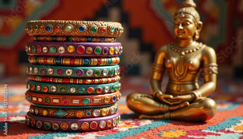 Vibrant bangles beside brass Nataraja statue on colorful rug, celebration, Indian Traditional Jewelry, Raksha Bandhan photo