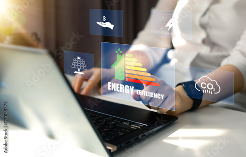 Efficiency energy rating concept. Sustainable development and eco house. Ecological house with low consumption on renovation with insulation.	
