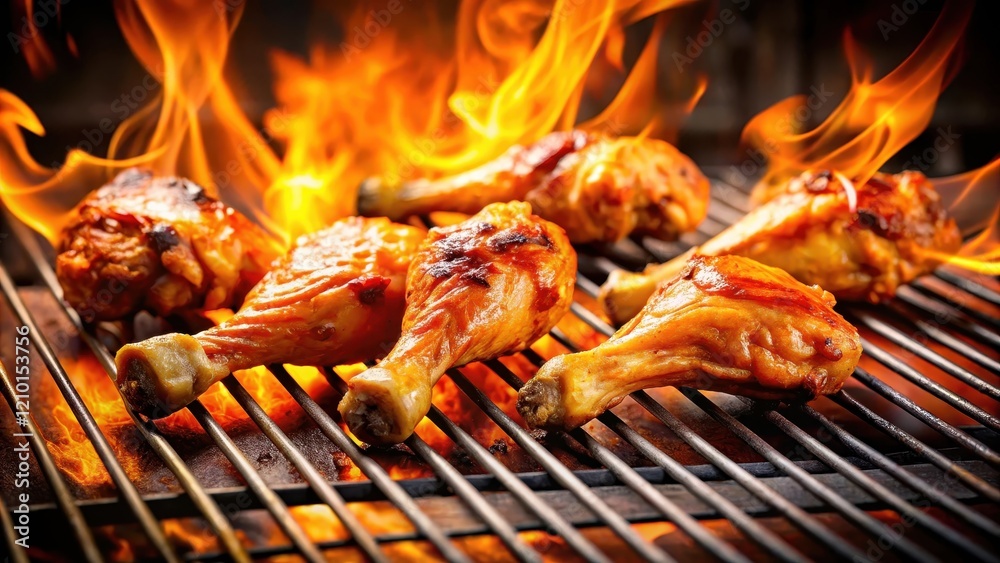 Chicken legs and wings on grill with flames, sizzling hot, kitchenware, grilled, kitchenware, grilled, kitchen, utensils, spicy Chicken legs and wings on grill with flames, sizzling hot, kitchenware, grilled, kitchenware, grilled, kitchen, utensils, spicy