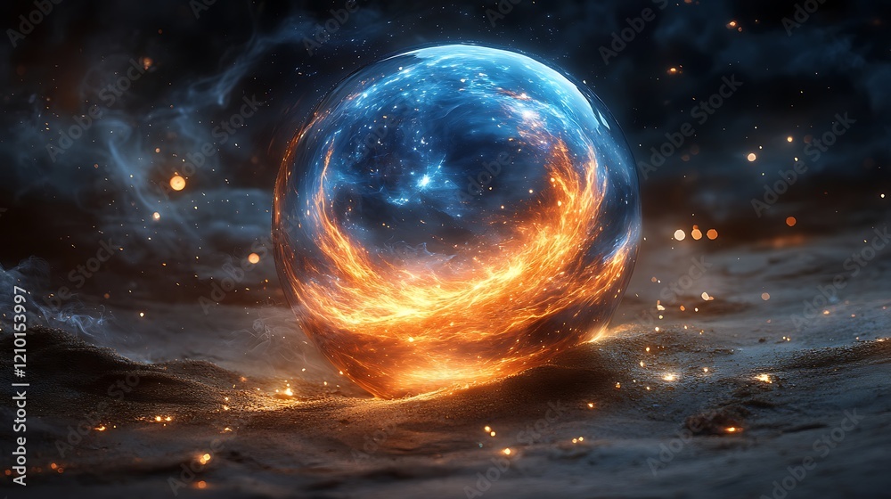 Cosmic Fire: A mesmerizing sphere of fire and ice bursts forth on a desolate, yet breathtaking, celestial landscape, embodying the duality of existence in an otherworldly spectacle.