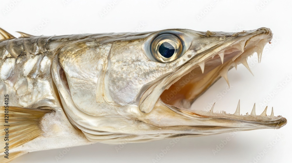Barracuda head, open mouth, studio shot, white background, seafood Barracuda head, open mouth, studio shot, white background, seafood