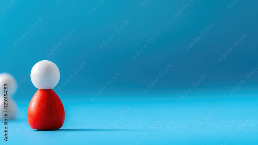Minimalist image of red and white toy figure in focus on blue background Minimalist image of red and white toy figure in focus on blue background