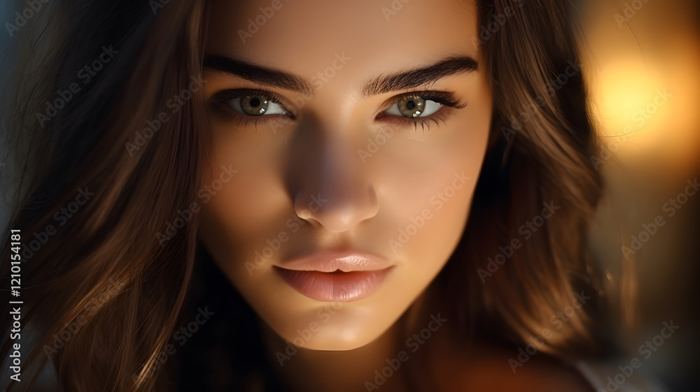 Fototapeta premium Serene Portrait of a Woman with Long Brown Hair