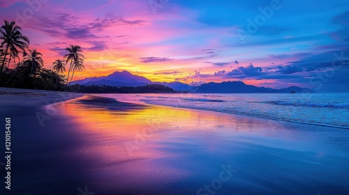 Golden sunset over tranquil beach waves tropical location serene environment coastal view for stunning visuals
