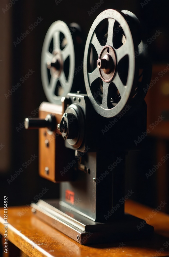 Fototapeta premium A vintage film projector stands elegantly on a wooden surface, showcasing its intricate wheels and mechanical components. The soft light highlights the craftsmanship and nostalgia of film history.