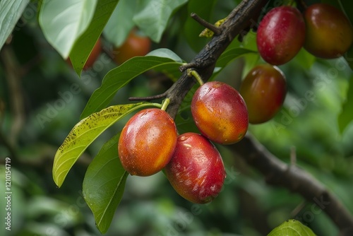 Close up of ripe jocote fruits hanging on a branch, showcasing their vibrant colors and the freshness of nature photo