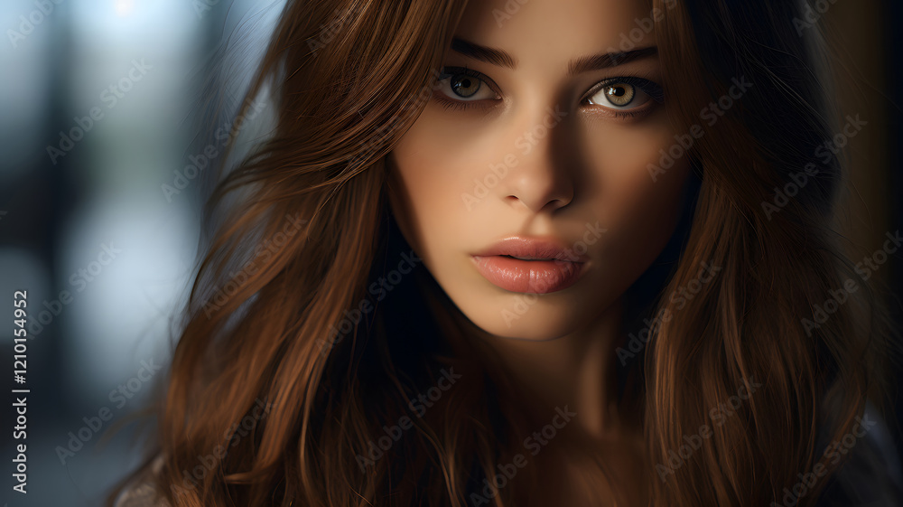 Serene Portrait of a Woman with Long Brown Hair Serene Portrait of a Woman with Long Brown Hair