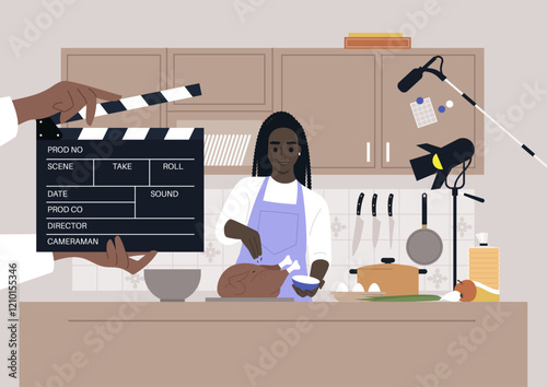 A cooking show is in full swing as an enthusiastic chef prepares a delicious dish in a modern kitchen, Lights and cameras capture the creative process amid vibrant ingredients