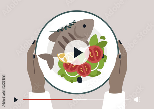 Hands present a beautifully arranged Dorado grill plate, showcasing a perfectly cooked fish alongside fresh greens, tomatoes, and lemon, inviting a delightful dining experience