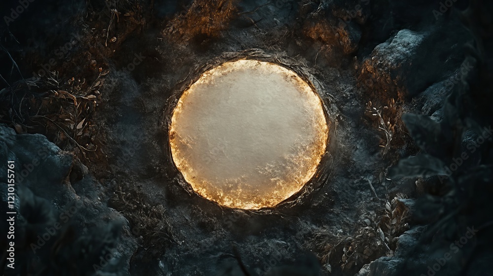Fototapeta premium Mysterious Large White Sphere Illuminated in Dark Enigmatic Forest Creating an Otherworldly Atmosphere