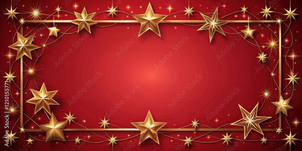 Red Festive Background with Golden Stars and Decorative Frame Red Festive Background with Golden Stars and Decorative Frame