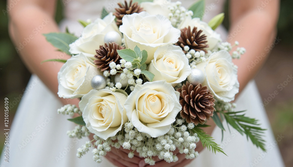 Elegant winter bridal bouquet with white roses and pinecones, seasonal charm, Bridal bouquet, Spring Weddings
