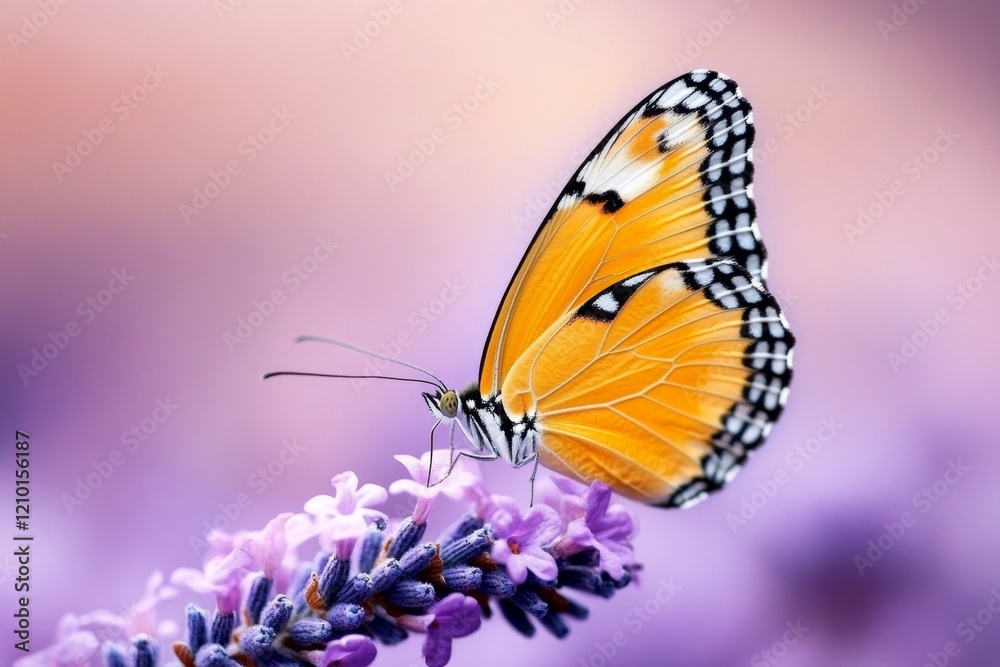 A yellow butterfly resting on a purple lavender flower, creating a striking contrast in the vibrant scene