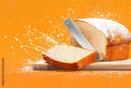 A digital illustration of a zwieback loaf being sliced, with bold, vibrant colors and stylized crumbs scattering across the table photo