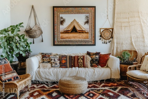 Bohemian living area referencing safari glamping photo