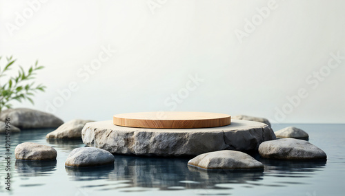 a minimalist product display podium made from stone and wood, set in water, with a tranquil atmosphere