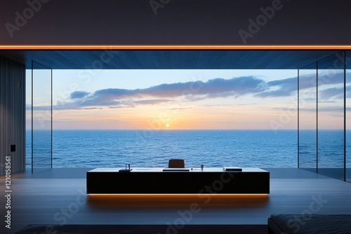 Bright home office with sea horizon