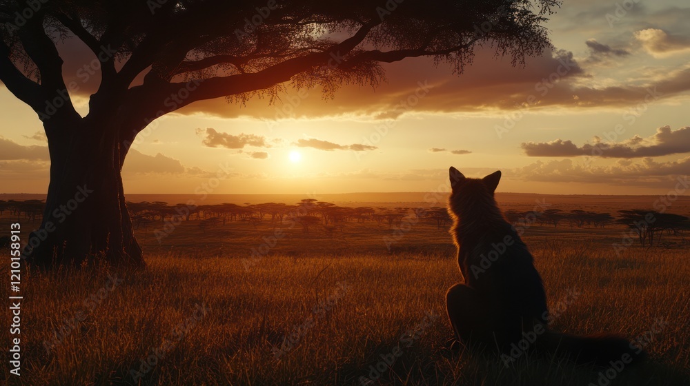 Fototapeta Sunset Safari Lone dog silhouette, savanna grasslands, acacia tree, golden hour
