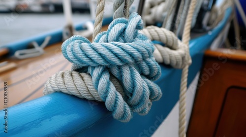 Rustic Nautical Charm: Detailed Close-up of Old Sailing Boat Ropes with Intricate Knots and Textures