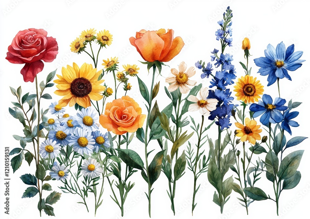 Fototapeta premium Beautiful line art featuring delicate hand-drawn illustrations of colorful garden flowers such as roses, daisies, and sunflowers