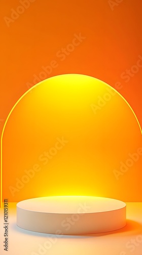 A modern pedestal podium with an open space for display, illuminated by soft lighting on a gradient orange and yellow background for Mother's Day
