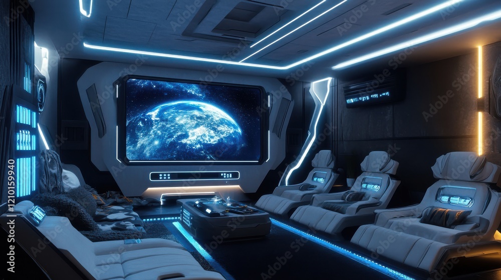 Sci-fi themed media room with glowing LED lights and space visuals creating an immersive cinematic experience Sci-fi themed media room with glowing LED lights and space visuals creating an immersive cinematic experience
