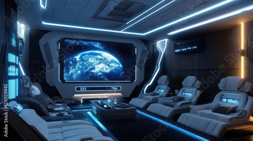 Fototapeta Naklejka Na Ścianę i Meble -  Sci-fi themed media room with glowing LED lights and space visuals creating an immersive cinematic experience